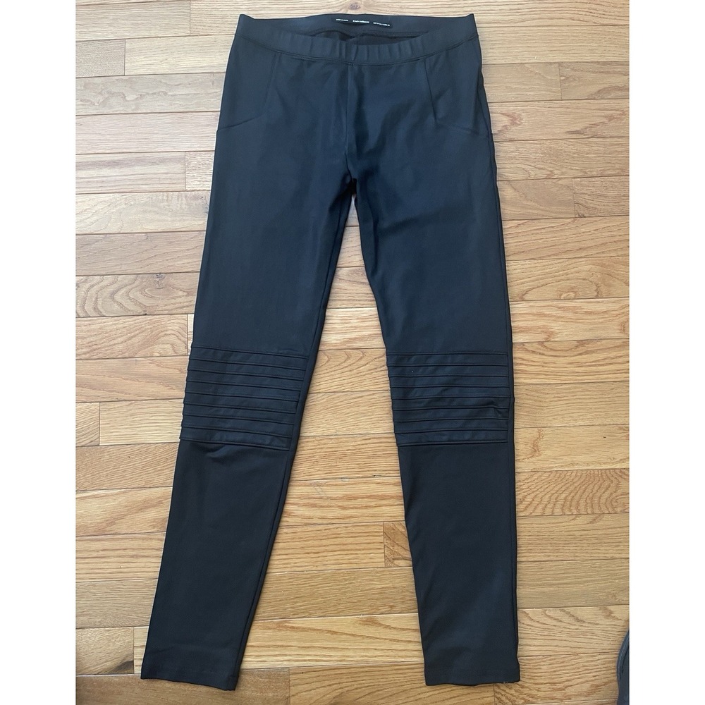 Zara Woman Black Moto Leggings Ribbed Knee Pintuck Biker Pants Size Medium